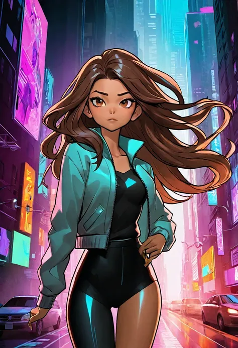 (Masterpiece artwork, 8K, uhd, high resolution: 1.4), vibrant portrait of Zendaya in Spider-Verse art style, (stylized and dynamic features: 1.3), (long and wavy hair, brown color: 1.2), (expressive and lively eyes: 1.3), (wearing modern and stylish clothe...