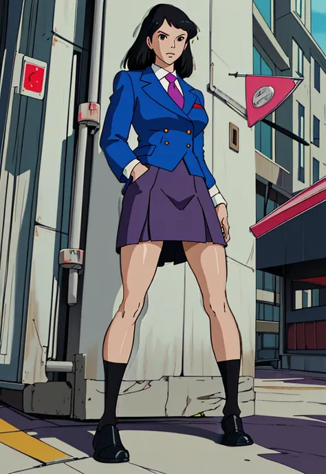 Make a anime dark skinned business woman in a skirt suit 