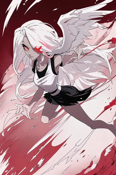 Vaggie, beautiful, dynamic wings and landing pose, solo, perfect anatomy, red shirt, black skirt, white hair, looking at viewer, upper body