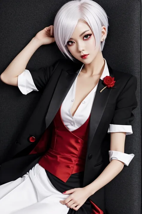 A beautiful red-eyed demon with short white hair, her outfit is an anime-style black tuxedo. 
