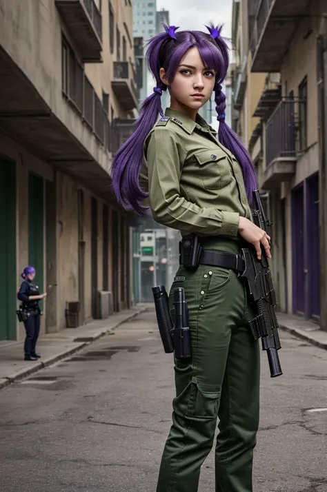 ((Masterpiece)), ((of the highest quality)), ((high resolution)), A girl, alone, Police officer, (pants a juego, pants), urban background, (holding a gun、aim, detailed gun, 22 pistol, Breaking the rules), alone,They are standing_to divide, medium hair, (pu...