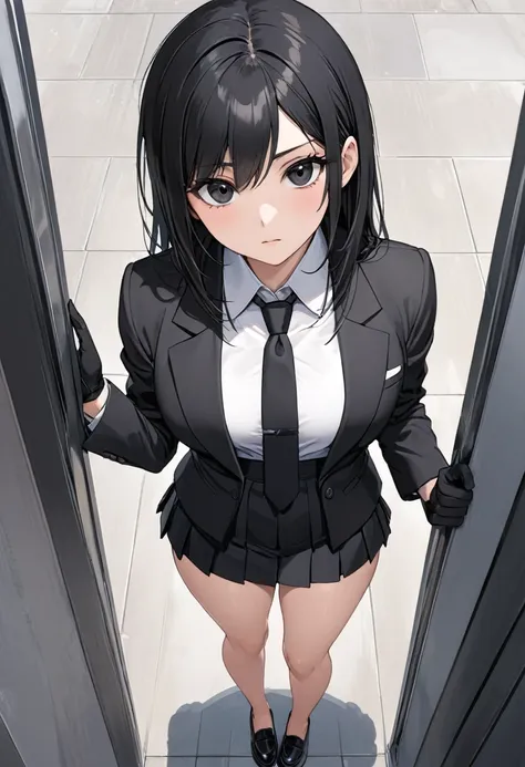 black miniskirt , pleated skirt , thighs , bare legs , black hair , black eyes , black gloves , black shoes , shorts blazer , dr...