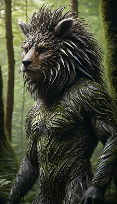 There is a creature in the forest，Human-like appearance，The whole body is covered with animal hair（best quality，4K，8K，High level，masterpiece：1.2），Ultra Detailed，（lifelike，Photo real，Photo real：1.37），Highly detailed animals，Complex patterns，Realistic lighti...