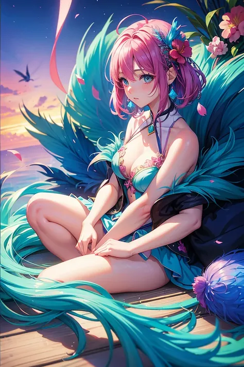 Girl with blue-pink hair and peacock feathers, inspired by Nari Hiko-kun, CGSOCIETY, 🌺 anime style. 8K, anime style 3D, popular on CGSTATION, 8K high quality detail art, Guvez style artwork, fantasy art style, realistic anime 3D style, anime inspiration, a...