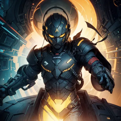 close-up of a man in a spacesuit with a helmet and cape, in a dark space mercenary suit, black armor with yellow inserts, X-Force full body suit, Cyberpunk Costume,stealth suit, black armored uniform, Yellow space suit, mechanical bunny ears