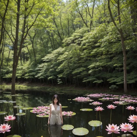 1womanl，35 year old，plumw，extremely large chest， standing alone，（Background with：ponds，cherry forest，Lotus flower）Lie down under d&#39;water， She has long pink hair，standing，seen from the front，， almost cloudy sky，（（（Masterpiece artwork），（very detailed CG ...