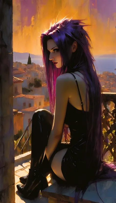 sexy girl, long purple hair, punk look, tight black dress, spikes, sitting on a terrace with stunning views of a typical Greek village: 1.5, chiaroscuro, sensual, dramatic lighting, moody atmosphere, photorealistic, intricate details, masterpiece, ultra-de...