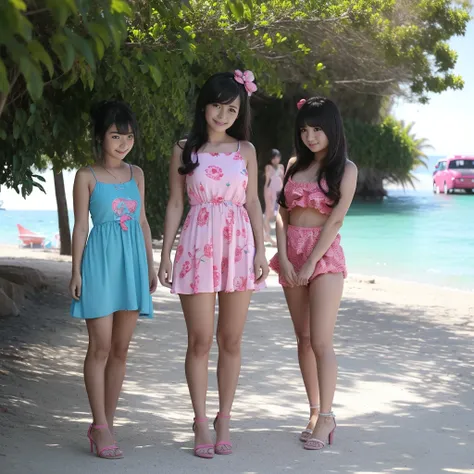 4 female, wearing pink blue aqua and red tight mini House dress, And wearing bikini g-string ,big breast,  Standing At the beach square,  sunset, full body, with female friend, bobbed long hair, bun hair, heels, little smile, stylish each other 