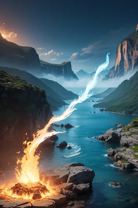 Create a magic background that has water, land, air and fire