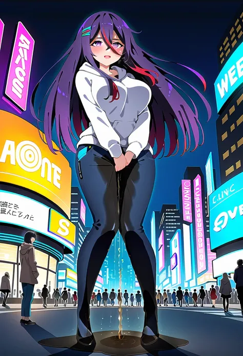 (masterpiece:1.37), best quality, (extremely detailed:1.37), woman, mature, adult, large breasts, very long hair, dark purple hair, purple eyes, (extremely detailed eyes:1.37), hoodie, jeans, desperation, (wetting self:2.0), standing, city, futuristic, neo...