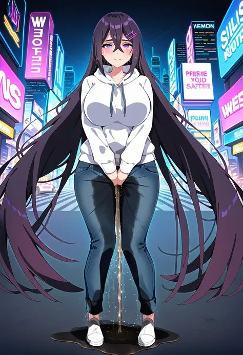 (masterpiece:1.37), best quality, (extremely detailed:1.37), woman, mature, adult, large breasts, very long hair, dark purple hair, purple eyes, (extremely detailed eyes:1.37), hoodie, jeans, desperation, (wetting self:2.0), standing, city, futuristic, neo...