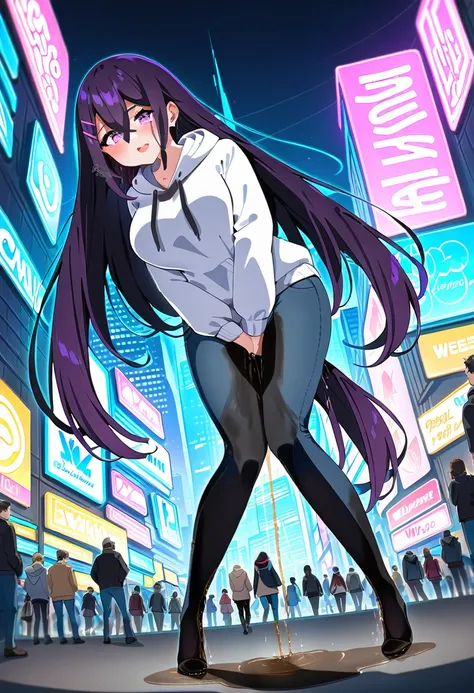 (masterpiece:1.37), best quality, (extremely detailed:1.37), woman, mature, adult, large breasts, very long hair, dark purple hair, purple eyes, (extremely detailed eyes:1.37), hoodie, jeans, desperation, (wetting self:2.0), standing, city, futuristic, neo...