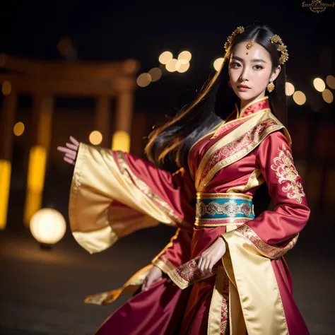 ((best quality)), ((masterpiece)), (detailed), 1 Beauty, Portraiture ，Character leaning to the right，Mongolian national costume，Long sleeve background Ulaanbaatar，Blurred Background，night