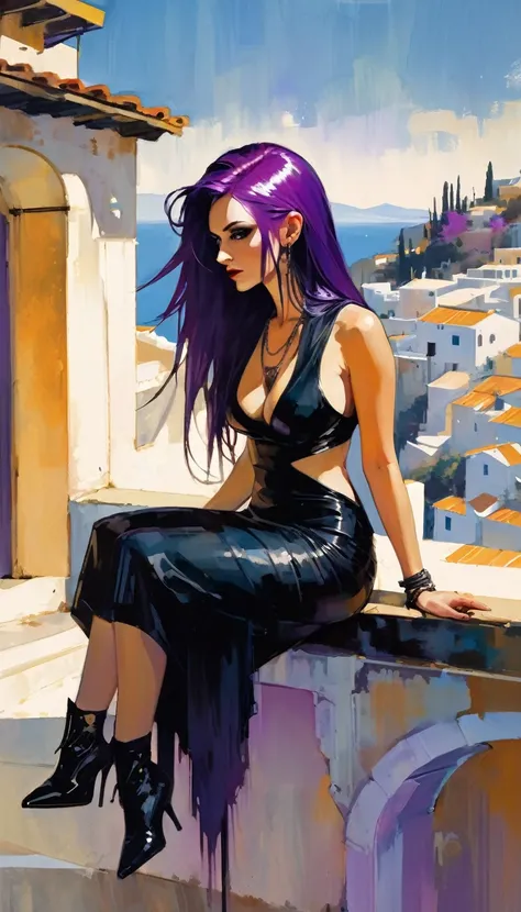 sexy girl, long purple hair, punk look, tight black dress, spikes, sitting on a terrace with stunning views of a typical Greek village: 1.5(art inspired in Bill Sienkiewicz). oil painting) 