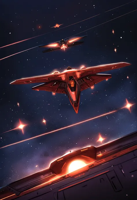 Crimson Starship, A biplane flying in the sky at night, Dark ( Spaceship ), scifi spaceship, Fantasy spaceship, futuristic spaceship, alien space ship flying in space, spaceship far on the background, A spaceship in dark space, futuristic starship, space s...