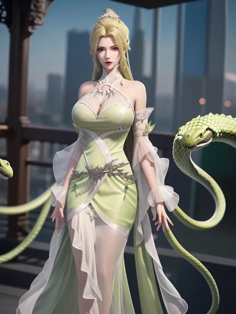 1girl, mature female,long dress, cityscape, looking at viewer, detached sleeves, hair ornament,forehead mark,cowboy shot,high ponytail, metal trim,bra,see-through, Big breasts,Low-cut light green clothes, snakes around, short yellow hair, light green eyes,...