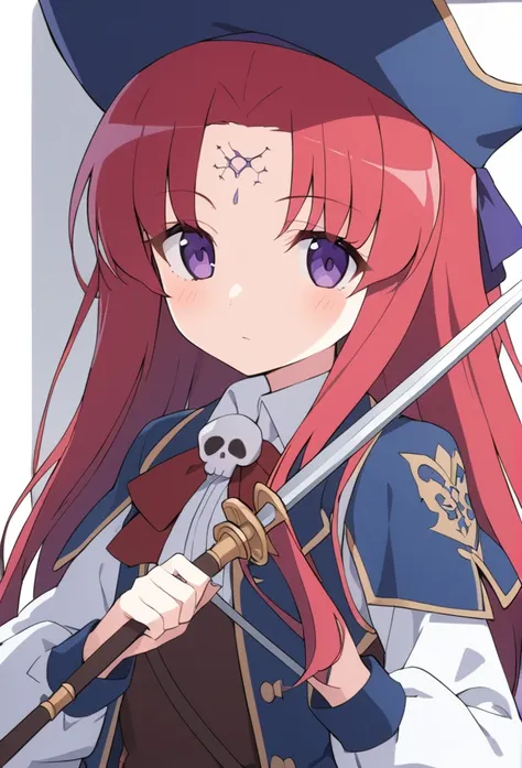 a musketeer with red hair and purple eyes, she holds a sword (rapier) as a weapon. she is 14 years old and has a skull drawn on ...