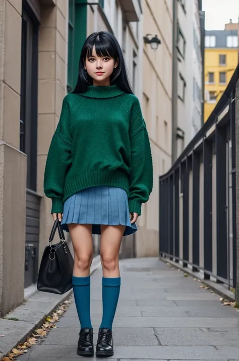 Generate a girl that has a height of 1,60 with black hair and one eye that is green and the other blue that has a sweater that is too big for her and a short skirt and has stockings that reach her knees