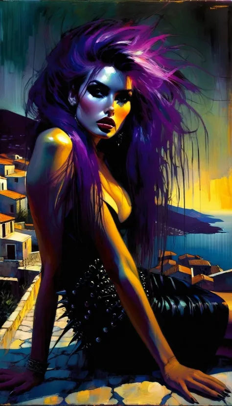 sexy girl, long purple hair, punk look, tight black dress, spikes, sitting on a terrace with stunning views of a typical Greek village: 1.5, chiaroscuro, sensual, dramatic lighting, moody atmosphere, photorealistic, intricate details, masterpiece, ultra-de...