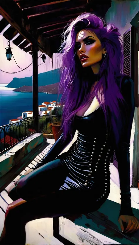 sexy girl, long purple hair, punk look, tight black dress, spikes, sitting on a terrace with stunning views of a typical Greek village: 1.5, chiaroscuro, sensual, dramatic lighting, moody atmosphere, photorealistic, intricate details, masterpiece, ultra-de...