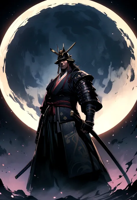 astonishing night background, big moon on background, samurai, male