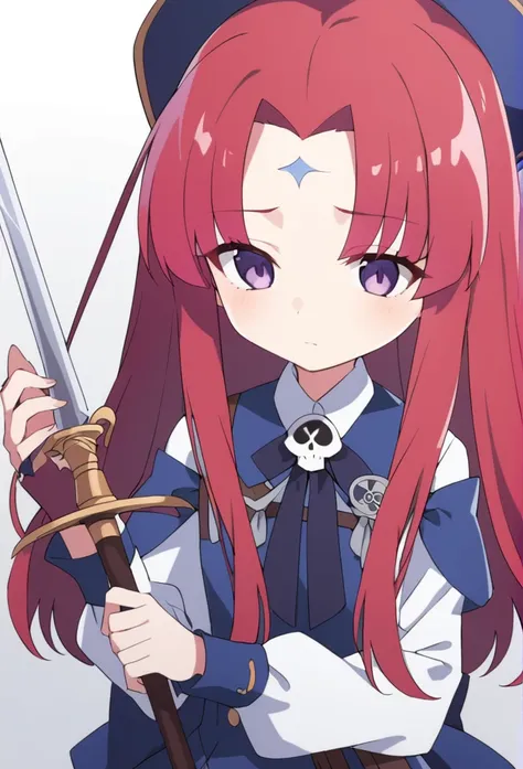 a musketeer with red hair and purple eyes, she holds a sword (rapier) as a weapon. she is 14 years old and has a skull drawn on ...