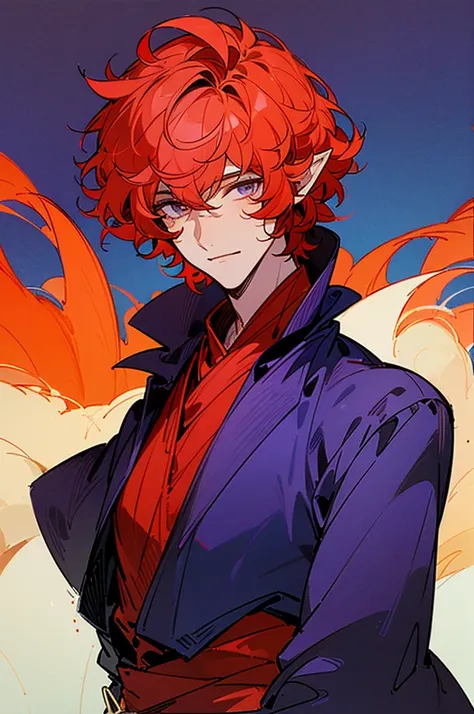 ((masterpiece)), ((one man)), man, man in late 30s, dark skin, white eyes, detailed eyes, elve ears, drak red hair, short hair, short curly hair, ((curly hair)), curly hair, tall, handsome, mature, purple clothes,
