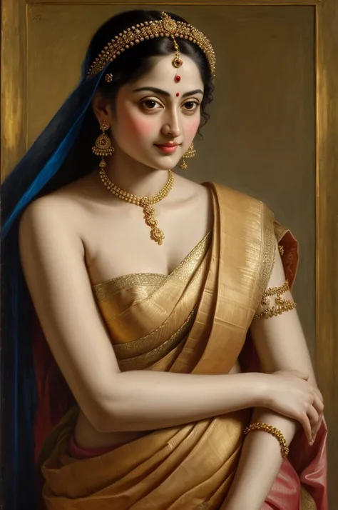 Looks like Sandeepa Dhar, Beautiful Indian Woman, wearing saree, sari Beauty, gorgeous, Apsara, Maharani, royal queen woman, nymph from Hindu Mythology, Urvashi, matchless beauty, Highly detailed, Oil Painting by Peter Paul Rubens inspired by Raja Ravi Var...