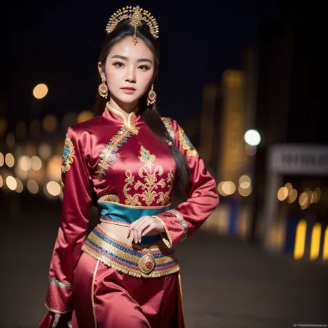 ((best quality)), ((masterpiece)), (detailed), 1 Beauty, Portraiture ，Character leaning to the right，Mongolian national costume，Long sleeve，Dancing Background Ulaanbaatar，Blurred Background，night