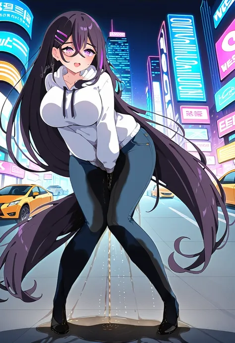 (masterpiece:1.37), best quality, (extremely detailed:1.37), woman, mature, adult, large breasts, very long hair, dark purple hair, purple eyes, (extremely detailed eyes:1.37), hoodie, jeans, desperation, (wetting self:2.0), standing, city, futuristic, neo...