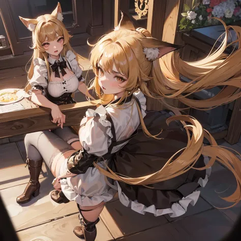 Wolf woman is 1.75 tall, wears a maid outfit showing her panties, wears brown boots, has long fluffy blonde hair, She has big breasts, she has wolf ears and a wolf tail, she is malicious.