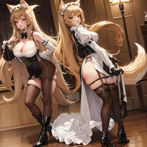 Wolf woman is 1.75 tall, wears a maid outfit showing her panties, wears brown boots, has long fluffy blonde hair, She has big breasts, she has wolf ears and a wolf tail, she is malicious.