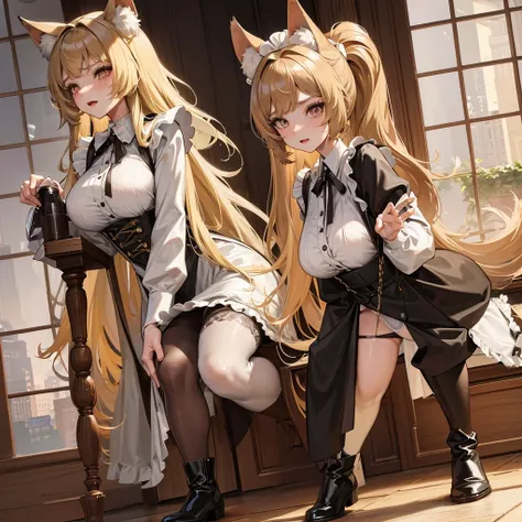 Wolf woman is 1.75 tall, wears a maid outfit showing her panties, wears brown boots, has long fluffy blonde hair, She has big breasts, she has wolf ears and a wolf tail, she is malicious.