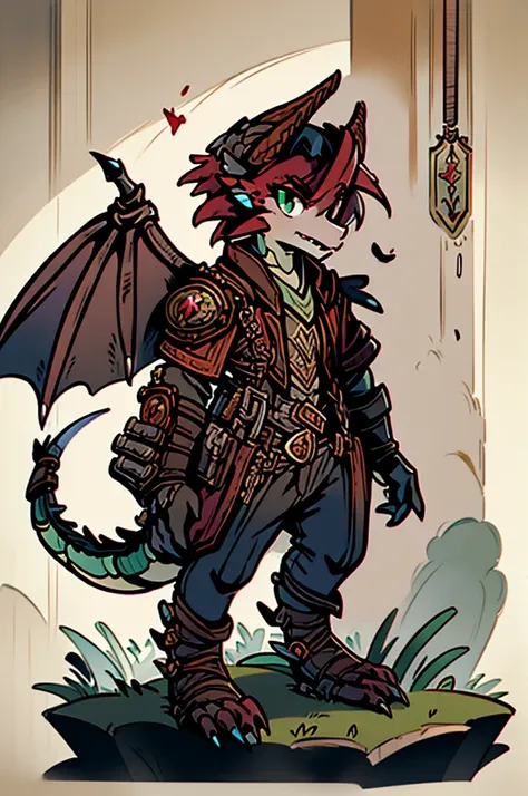 (((male, solo, winged kobold boy, dark red scales,fantasy clothes, artficer,steampunk, dragon wings, dragon tail, small, chibi))...