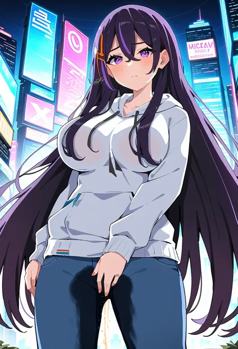 (masterpiece:1.37), best quality, (extremely detailed:1.37), woman, mature, adult, large breasts, (very long hair:1.5), dark purple hair, purple eyes, (extremely detailed eyes:1.37), hoodie, jeans, desperation, (wetting: self 3.0), standing, city, futurist...