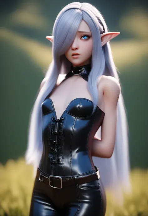 A detailed gnome girl with pale skin, short stature, and very long silver hair that curls at the ends, covering one eye, with small breasts, pouty lips, and bright blue anime-style eyes with long lashes, wearing a leather corset, white puffy-long-sleeved s...