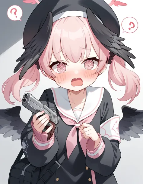 1girl, koharu (blue archive), twintails, shirt, score_9, black wings, blush, pink eyes, head wings, pink hair, wings, hat, black headwear, @ @, open mouth, mouth, holding weapon, handgun,