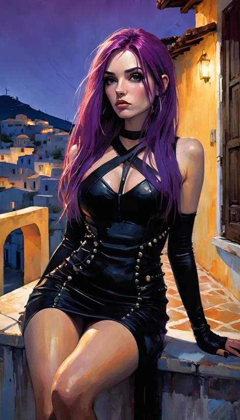 sexy girl, long purple hair, punk look, tight black dress, spikes, sitting on a terrace with stunning views of a typical Greek village: 1.5, chiaroscuro, sensual, dramatic lighting, moody atmosphere, photorealistic, intricate details, masterpiece, ultra-de...