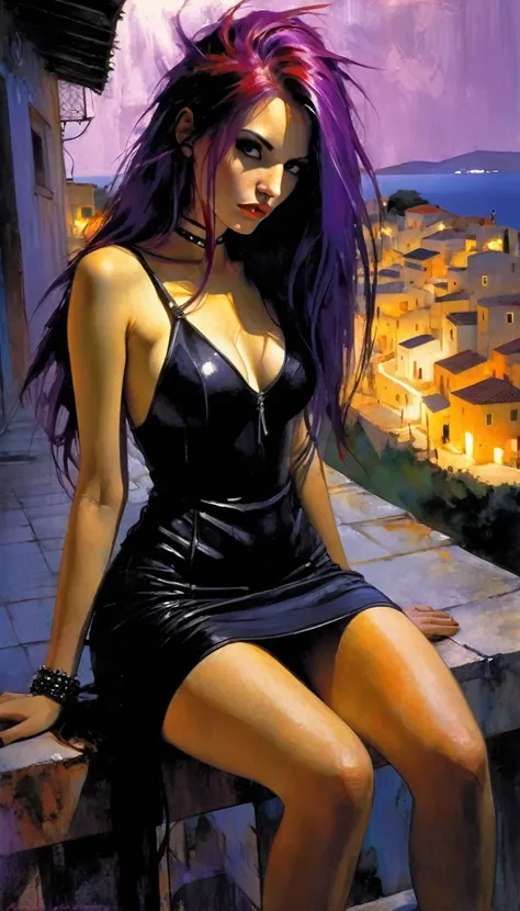 sexy girl, long purple hair, punk look, tight black dress, spikes, sitting on a terrace with stunning views of a typical Greek village: 1.5, chiaroscuro, sensual, dramatic lighting, moody atmosphere, photorealistic, intricate details, masterpiece, ultra-de...