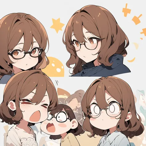 Character concept, woman with glasses and brown hair, illustrated from the bust, various expresions, slightly chubby, anime style