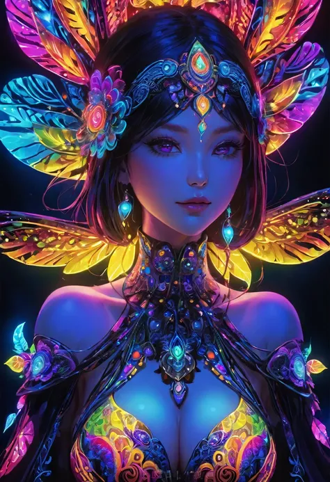 Black light art，(tmasterpiece, top-quality, Best quality at best, offcial art, Beautiful and beautiful:1.2), (1个Giant Breast Girl:1.3), The is very detailed,(s fractal art:1.2),Colorful,The most detailed,( Zentangle neon light:1.2), (dynamicposes), (Abstra...