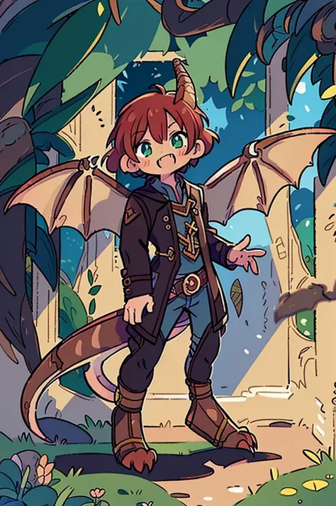 (((male, solo, winged kobold boy, dark red scales,fantasy clothes, artficer,steampunk, dragon wings, dragon tail, small, chibi))...