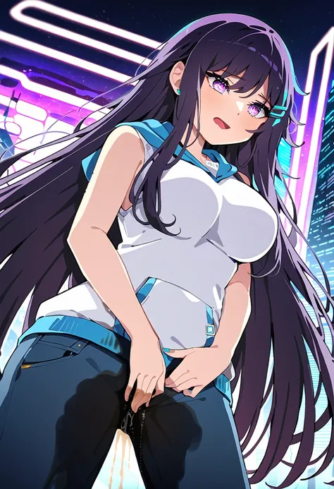 (masterpiece:1.37), best quality, (extremely detailed:1.37), woman, mature, adult, large breasts, (very long hair:1.5), dark purple hair, purple eyes, (extremely detailed eyes:1.37), hoodie, jeans, desperation, (wetting self:2.0), standing, city, futuristi...