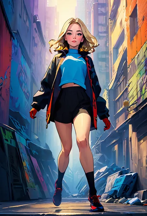 (Masterpiece artwork, 8K, uhd, high resolution: 1.4), stylized portrait of Sydney Sweeney in Spider-Verse art style, (stylized and vibrant features: 1.3), (long and wavy hair, blondes: 1.2), (expressive detailed eyes: 1.2), (modern and dynamic clothing, in...