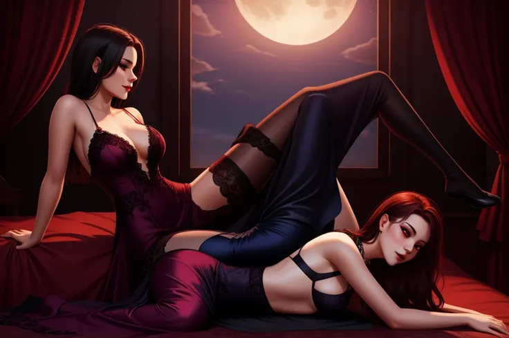 lesbian, seductive, long dress, leg slit, touching, fondling, vampire, 2girls