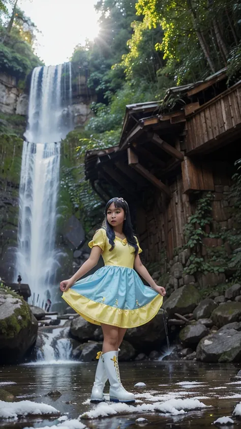 A filipina girl wearing a blue and yellow snow white costume dress and white long boots the background is magical forest and water falls.