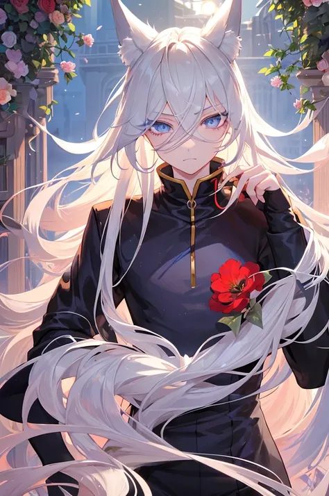 Androgynous young man, very long wavy blond hair, tight-fitting clothes, kemonomimi, fox ear, fox tail, different-colored eyes, light eyes, long eyelashes, gazing at camera, close-up portrait, man, garden, flower, one gray eye and one blue eye, bare torso,...