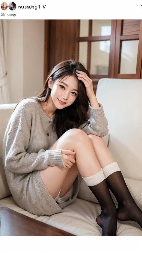 ulzzang -6500-v1.1, (Raw photo:1.2), (Photorealsitic), a beautiful detailed girl, (Real: 1.4), ((hugging owns legs)), extremely detailed eye and face, beatiful detailed eyes, ((Neat and clean dress、sitting on a sofa))、((Ultra-realistic stockings:1.2)), fro...