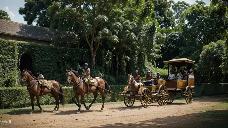  "The Sunda royal entourage preparing for the journey, with horses and carriages being loaded, surrounded by the lush greenery of the palace gardens under a clear sky."
Characters: Linggabuana, Dyah Pitaloka, and royal entourage.
Angle: Wide shot.
Lighting...