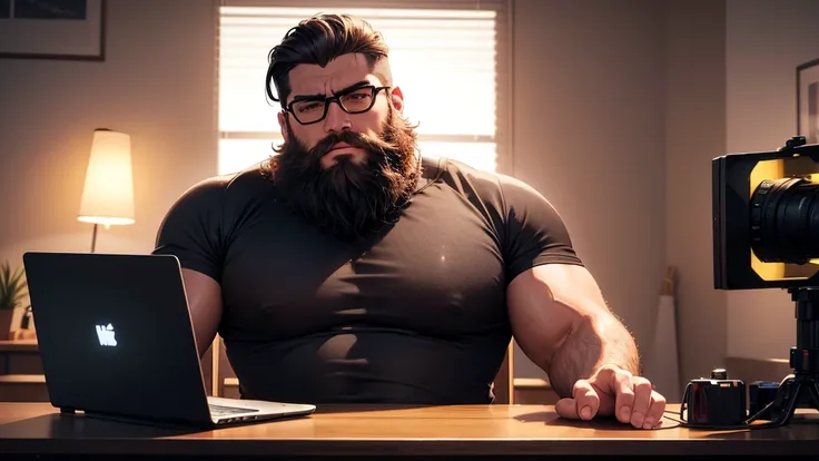 max , a macho big geek , with a hipo beard sitting at a table with a laptop and a microphone, unsplash, realism, , in a streamer studio room, neon ambiance , looking to camera, portrait shot 8 k, photo portrait, looking towards the camera , ultra detail, h...